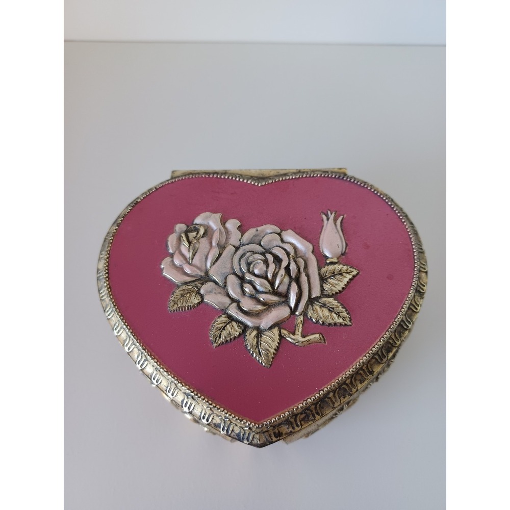 Vintage Heart Shaped Pink, Red, And Gold Small Jewelry Trinket Box Collectible